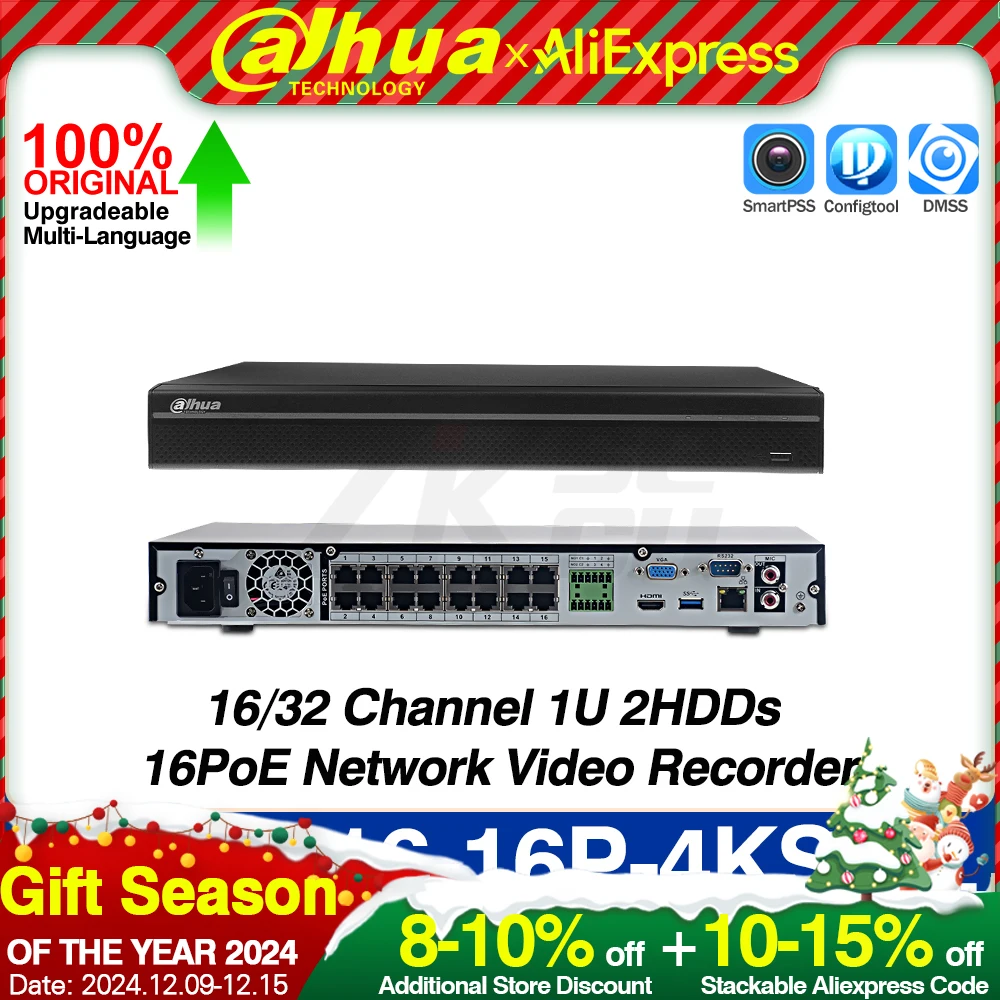 Dahua NVR4216-16P-4KS2/L NVR4232-16P-4KS2/L 16/32 Channel 1U 2HDDs 16PoE Network Video Recorder 8MP 4K Smart H.265 Alarm Audio