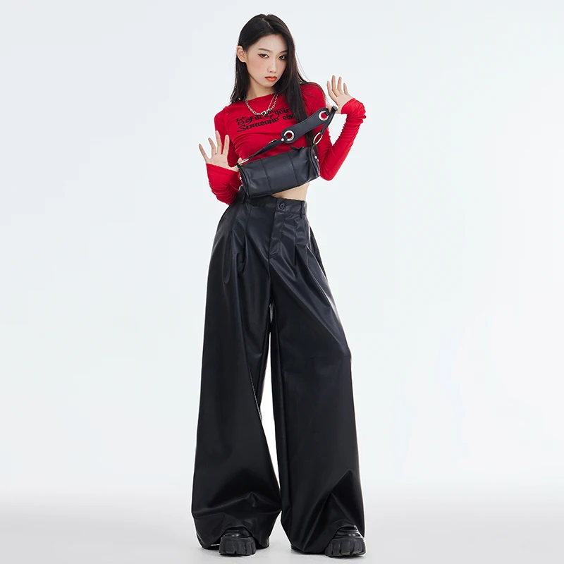 

Американские ретро-брюки из кожи с эластичной талией, широкими штанинами и свободным кроем, в цветовой гамме Maillard, для женщин.