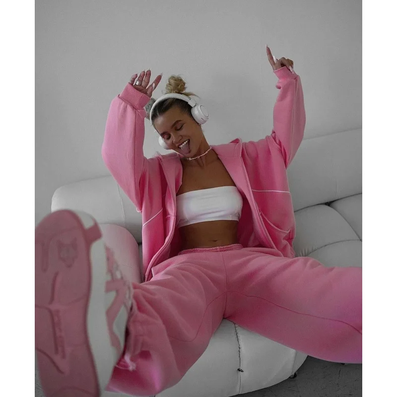 

's Fashion Line Color-Block Hooded Zipper Sweatshirt Casual Loose Straight-Leg Pants Two-Piece Set Women