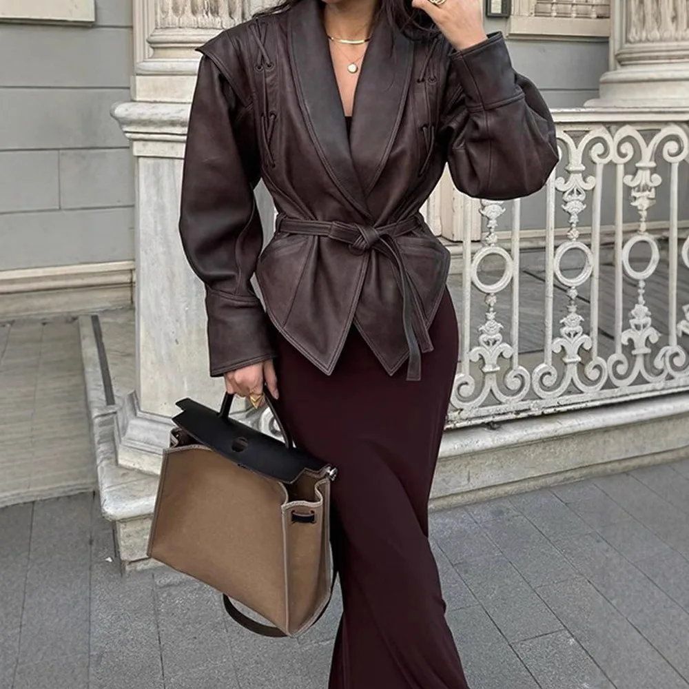 Women's Commuting Leather Jacket with Tie Up Long Sleeved Short Jacket, Fashionable Temperament for Autumn and Winter