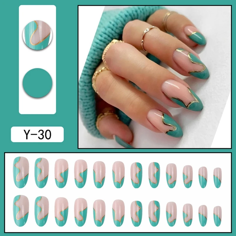 Uñas postizas de Gel verdes extraíbles, 12 tamaños, sin necesidad de limar, extensiones de uñas prensadas en forma Y-30