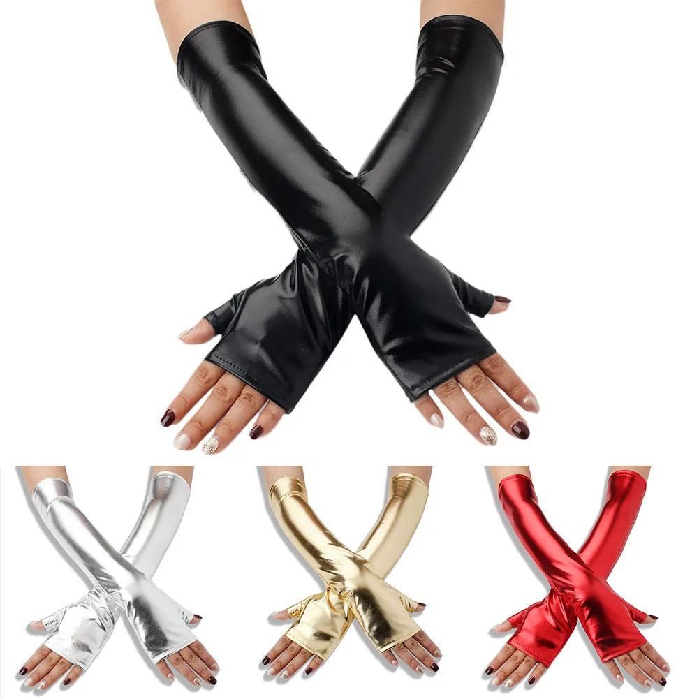 1 Pair Women Ladies Sexy Leather Glove 40Cm Half Finger Cosplay Decorative Tight Nightclub Christmas