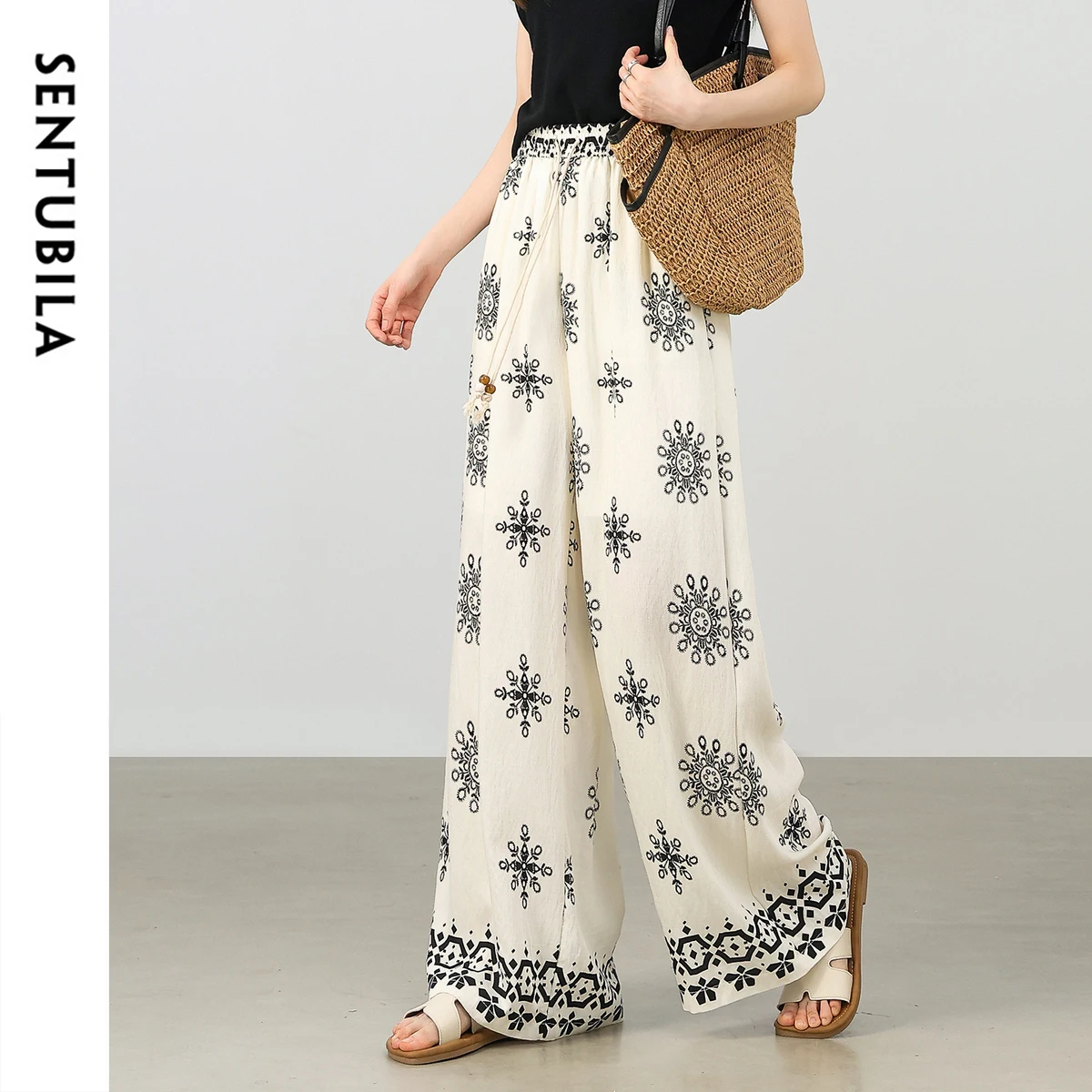 

SENTUBILA Women's Wide Leg Pants Summer Beaded Drawstring High Waisted Trousers 2025 Collection Bohemian Woman Clothes W52KD2347
