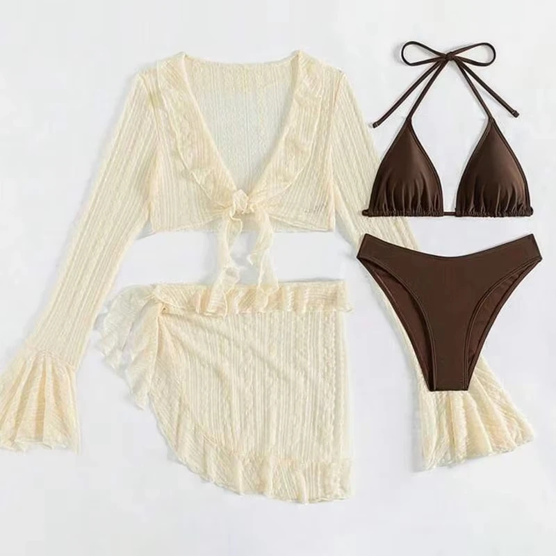 

2025 Sexy Four-piece Women Swimsuit Long-sleeve Cover-up Swimwear Summer Solid Bikini Set Brazilian Beachwear Party bathing suit