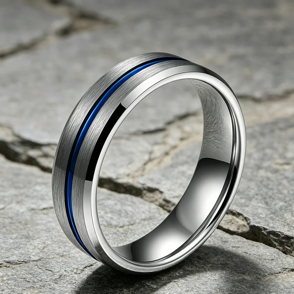 Blauer 4-mm-Ehering aus Wolfram für Männer und Frauen, modische Ringe mit abgeschrägten Kanten, gebürstete Oberfläche, bequeme Passform – Detail 11