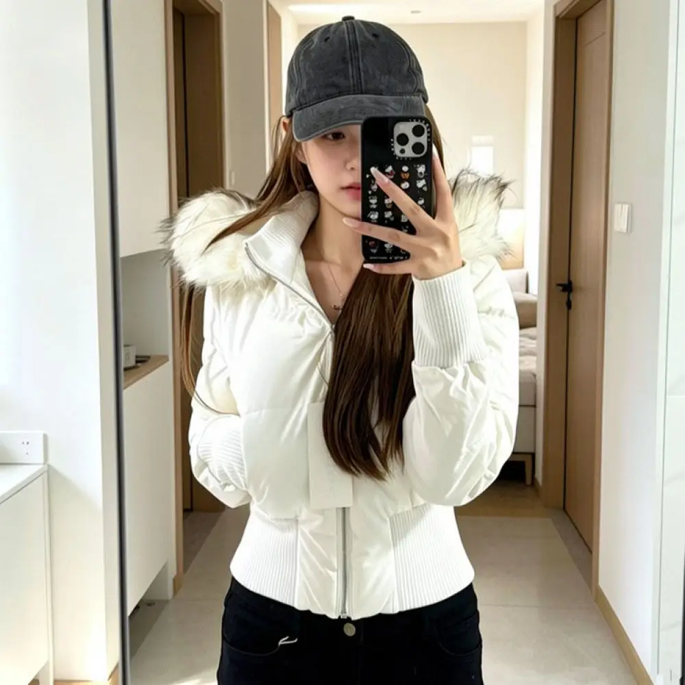 Fashion Korean Winter Cotton Jacket Women Hooded Slim Waist Warm Coat Casual Solid Color Princess Sleeve Parkas Outerwear