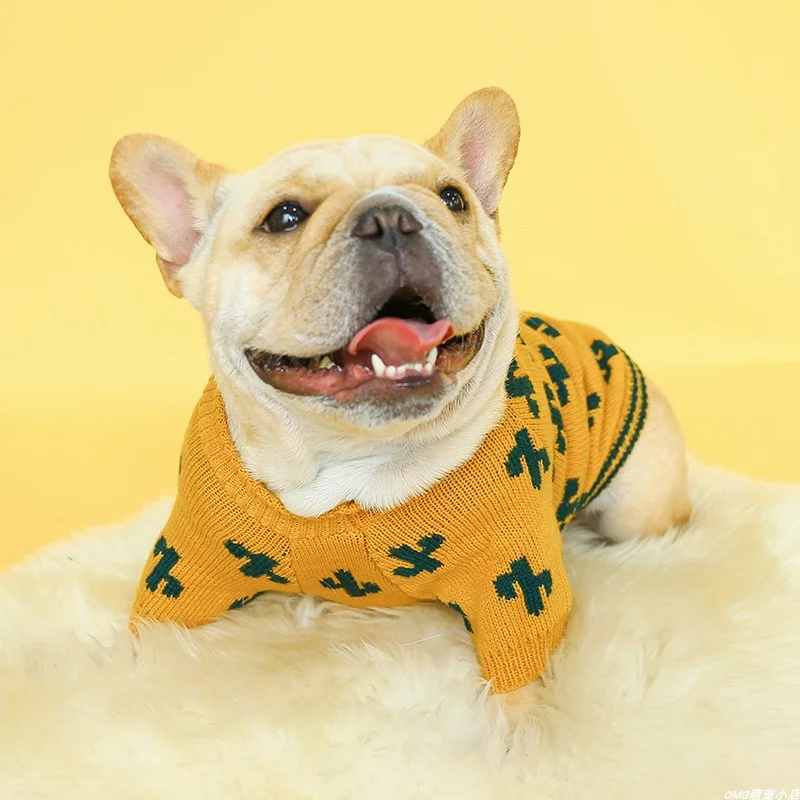 1PC Pet Clothing Cat Autumn Winter Thickened Yellow Cactus Elastic Pullover Knitted Suitable Sweater for Small and Medium Dogs