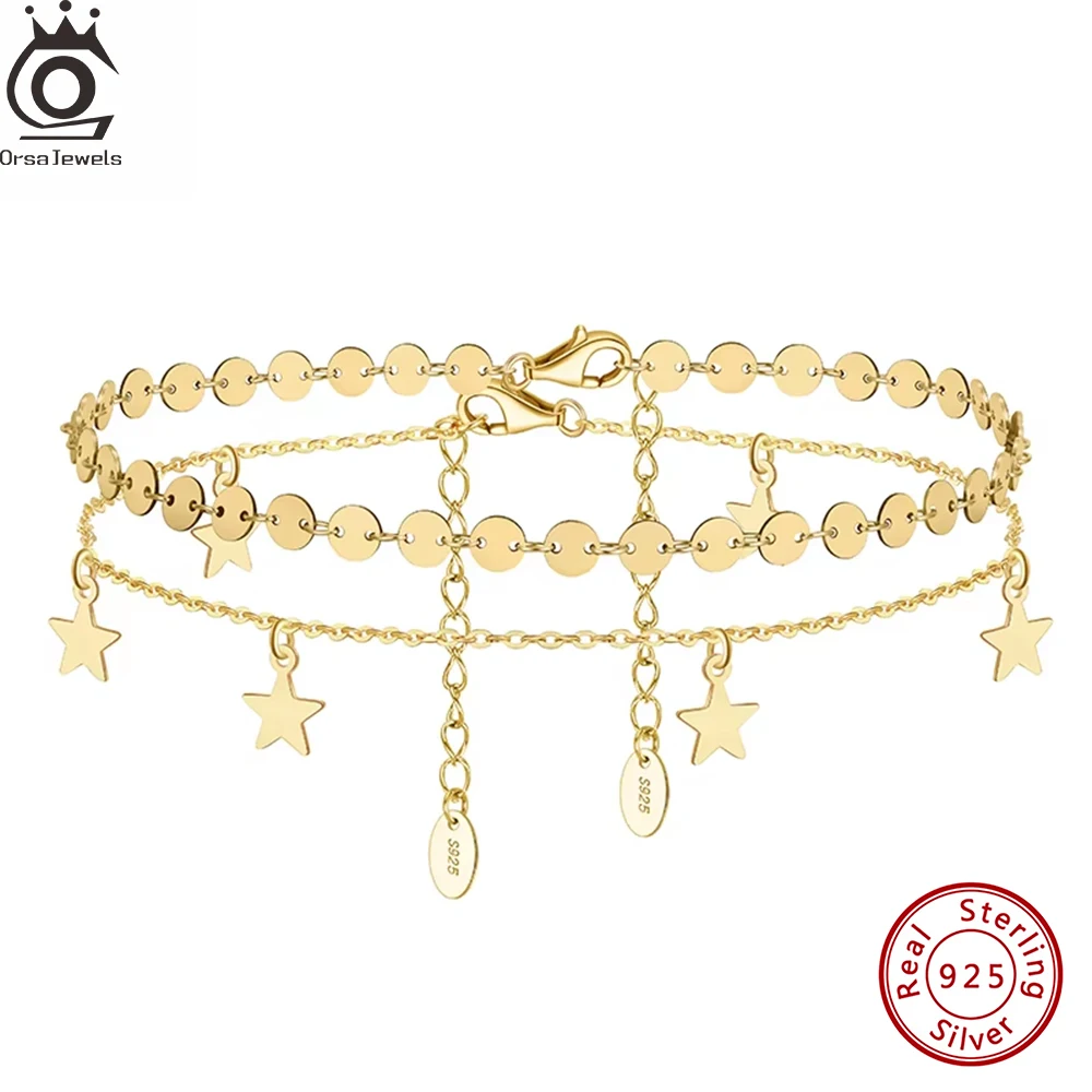ORSA JEWELS 100% 925 Sterling Silver Star Pendans Foot Chain for Women Summer Elegant Sequins Stacking Anklet Ankle Gift SA25