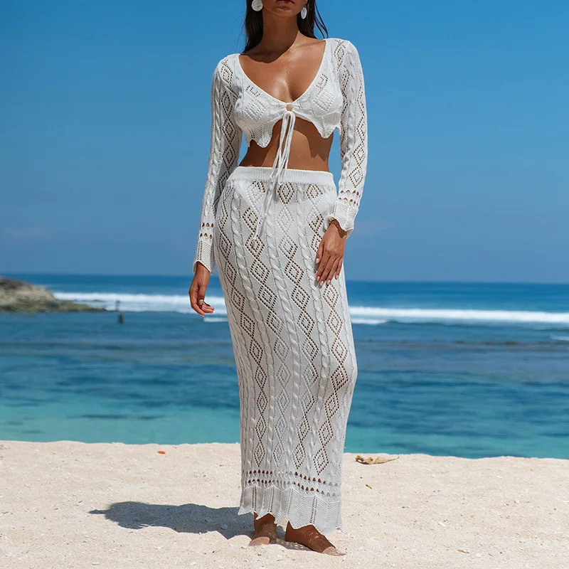 ニュースタイル長袖トップテクスチャロングスカートスーツニットホローアウトビーチウェアカバーアップレディースビーチホリデー日焼け止めスモック