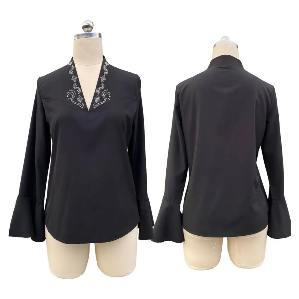 

Simple Top Elegant V-neck Ruffle Cuffs Blouse for Women Solid Color Loose Fit Shirt for Work Party Vacation Stylish Long Sleeve