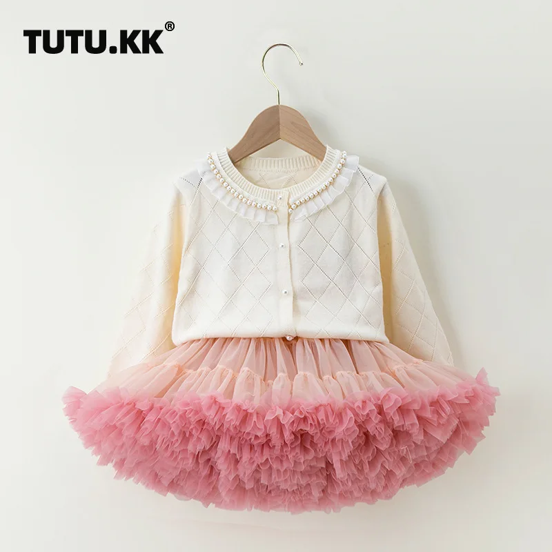 Summer Girls Suit Korean Style Sailor Long Sleeve+Tutu Skirt 2Pcs Suits  Pettiskirt Solid Skirt Outfits for Girl  W-S1069