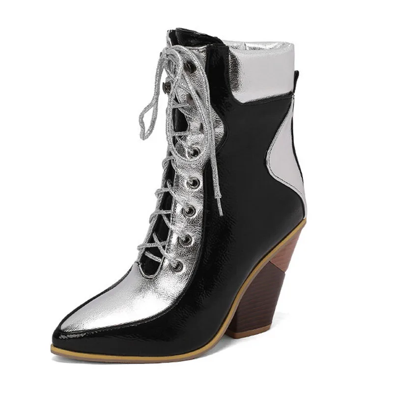 

Женские ботильоны на танкетке, осенне-зимние короткие ботинки на танкетке со шнуровкой, женские ботинки на высоком каблуке в стиле пэчворк WSH4936