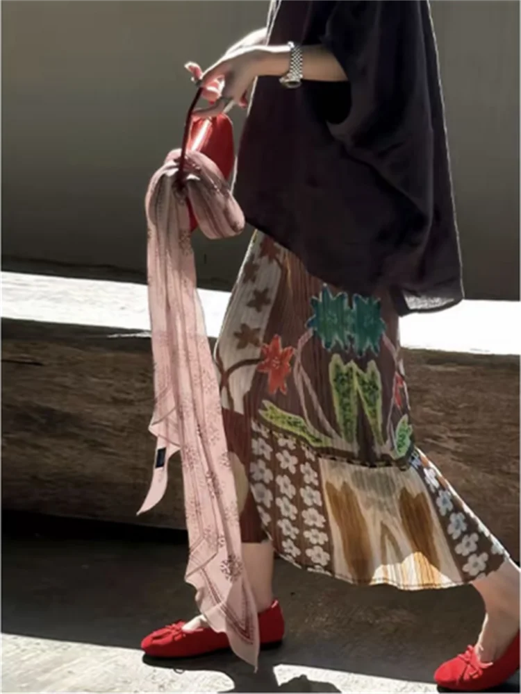 Miyake Pleated Printed Three-dimensional Textured Elastic Waist Skirt