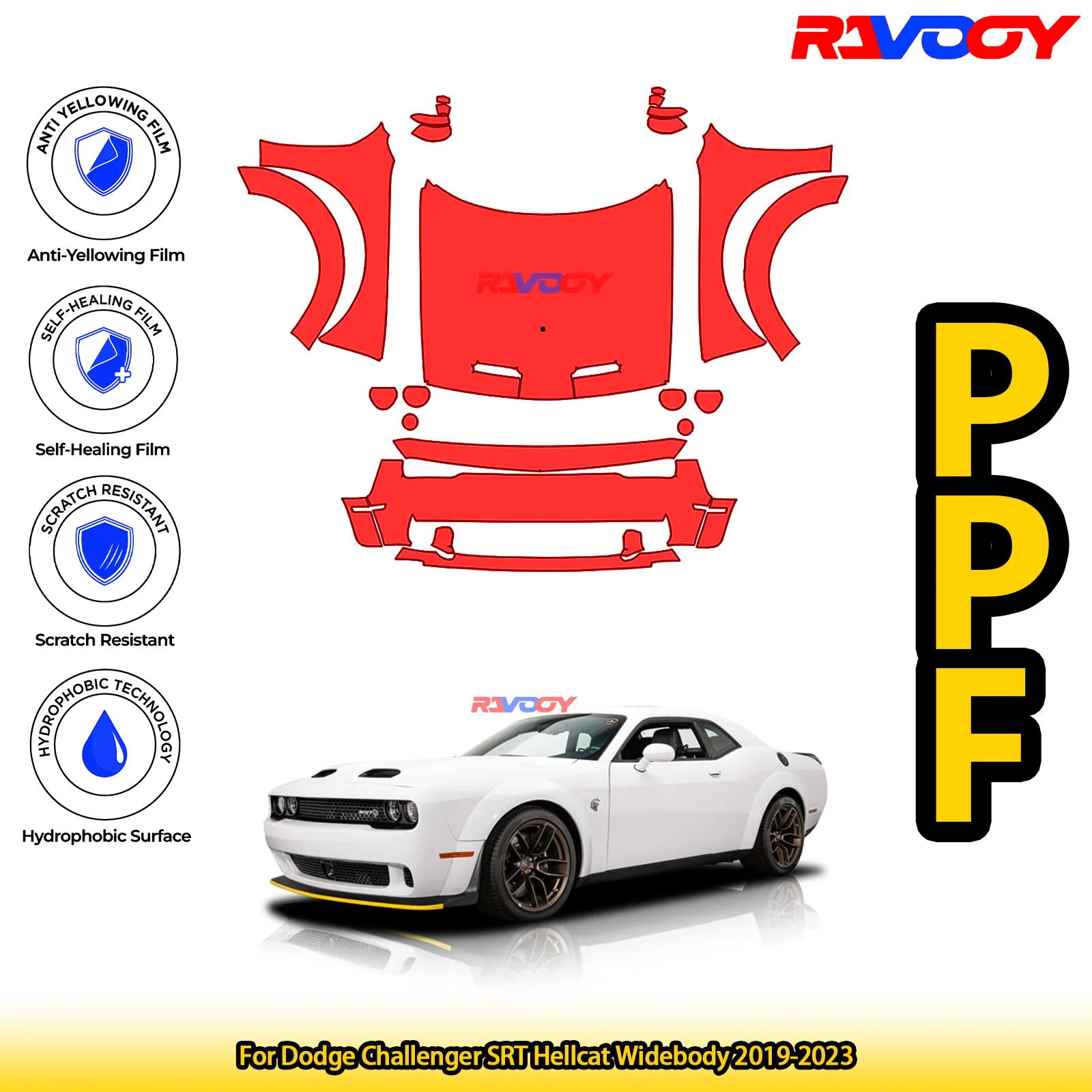 

Для Dodge Challenger SRT Hellcat Widebody 2019-2023 глянцевый матовый черный предварительно вырезанный передний комплект PPF защитная пленка для краски