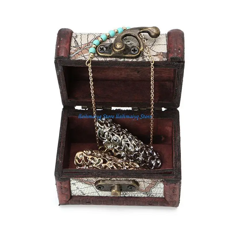 573B Antique Wooden Jewelry Treasure Box Metal Locking for Case