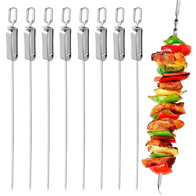 10PCS/20PCS Reusable BBQ Skewers Stainless Steel Grilling Flat Sticks BBQ Skewers With Quick Release Metal Sliding Handle