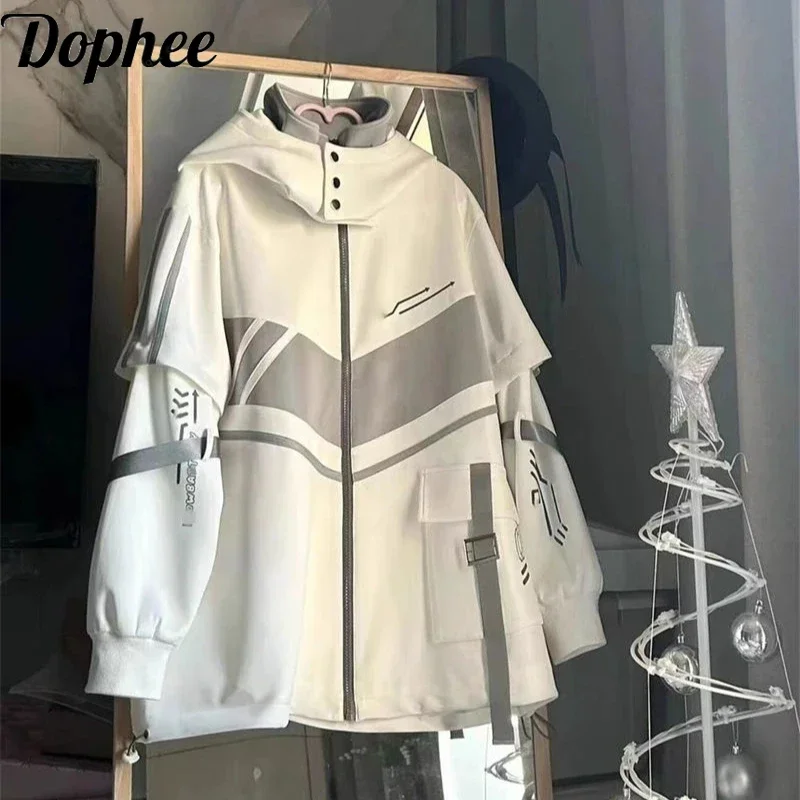 

Dophee оригинальная японская спортивная куртка с цветными блоками женская свободная ветровка средней длины с капюшоном субкультура Y2k весенние кардиганы пальто