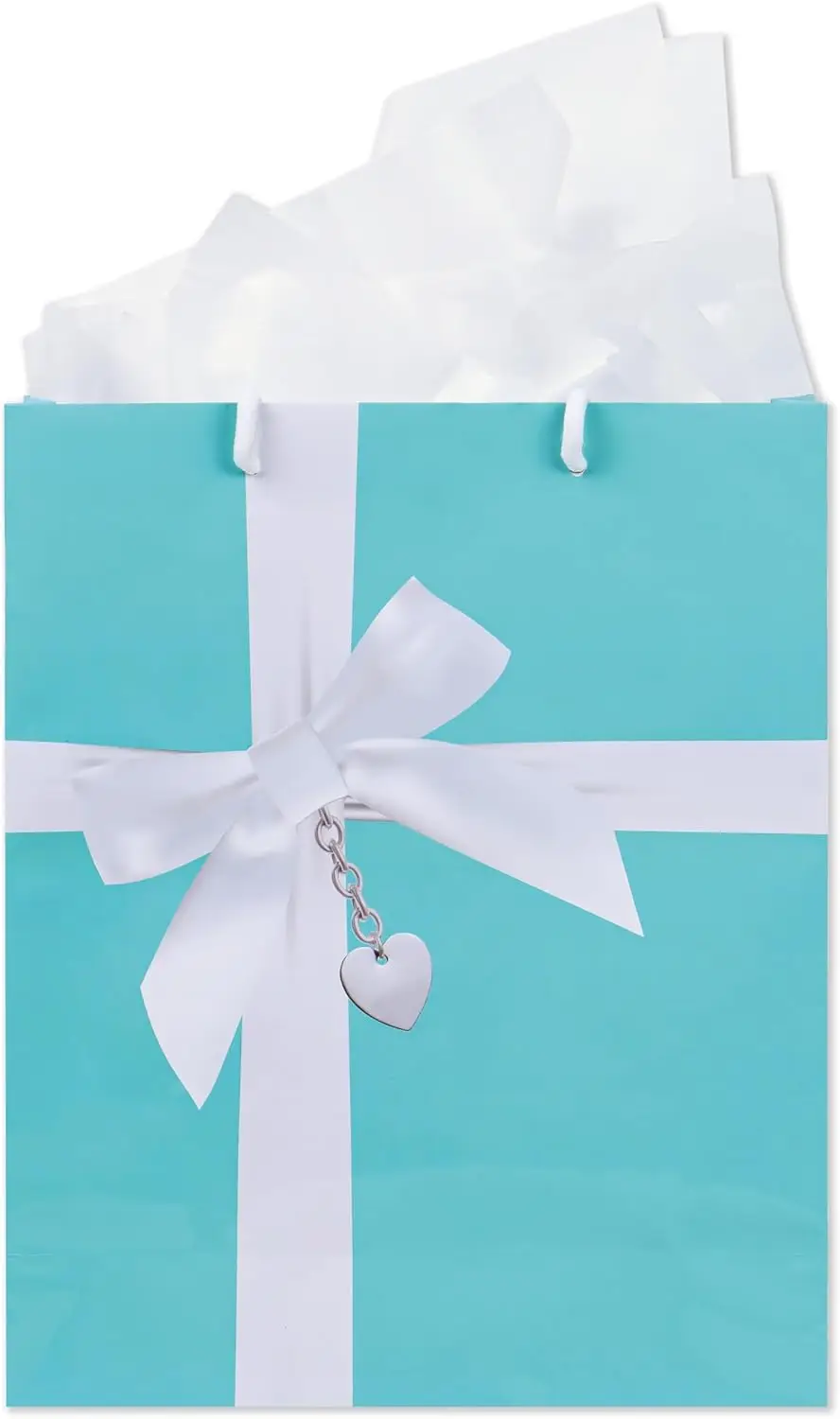

Turquoise Big Paper Gift Bag with Tissue Paper, printed Satin Bow, Heart Locket, Rope Handles, Gift Tag (10in X 12in X 4.25in).