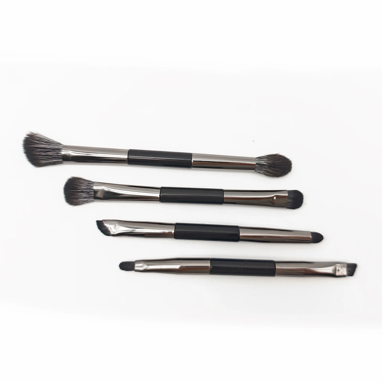 ポータブルメイクブラシセット、ミラー付き、旅行用ダブルヘッドアイシャドウ＆アイライナーブラシ、オールインワンコンパクトビューティーツール（4本）