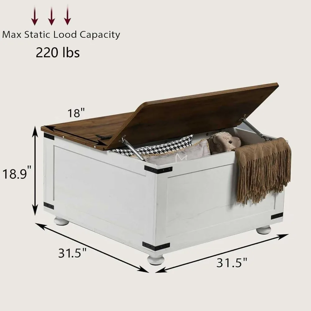 White Farmhouse Style Coffee Table with Hidden Storage, Living Room Square Center Table Organizer
