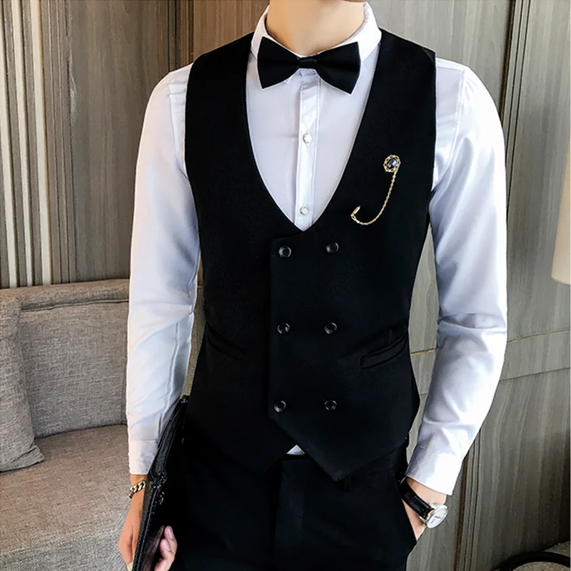 Men\'s suit vest new double-breasted solid color business casual brand fashion high-quality men\'s clothing sleeveless formal vest