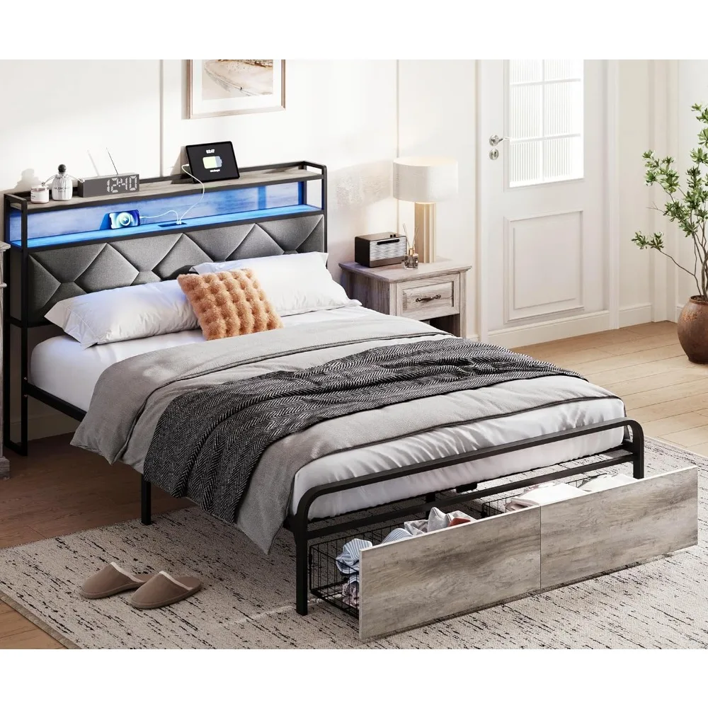 

Queen Bed Frame with 2 Storage Drawers and Upholstered Headboard,with and High Footboard, RGB Lights,Metal Bed Frame Queen Size