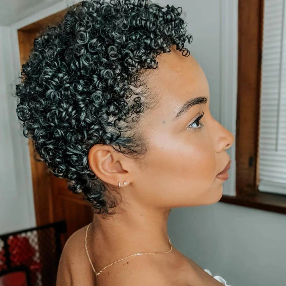 곱슬곱슬한 픽시컷 가발 브라질산 인모 짧은 아프로 앞머리가 있는 흑인 여성용 풀 머신 메이드 바로 착용 가능