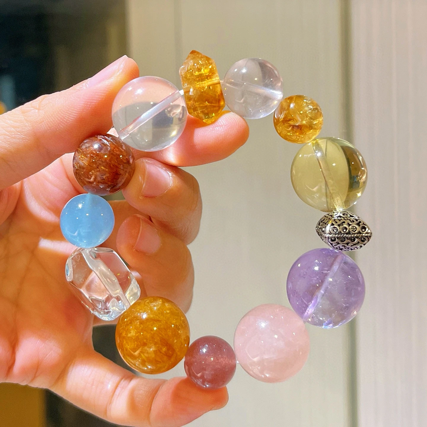 

Aquamarine Amethyst Citrine Crystal Black Gold Bracelet 12-19mm, 925 Sterling Silver Gradient