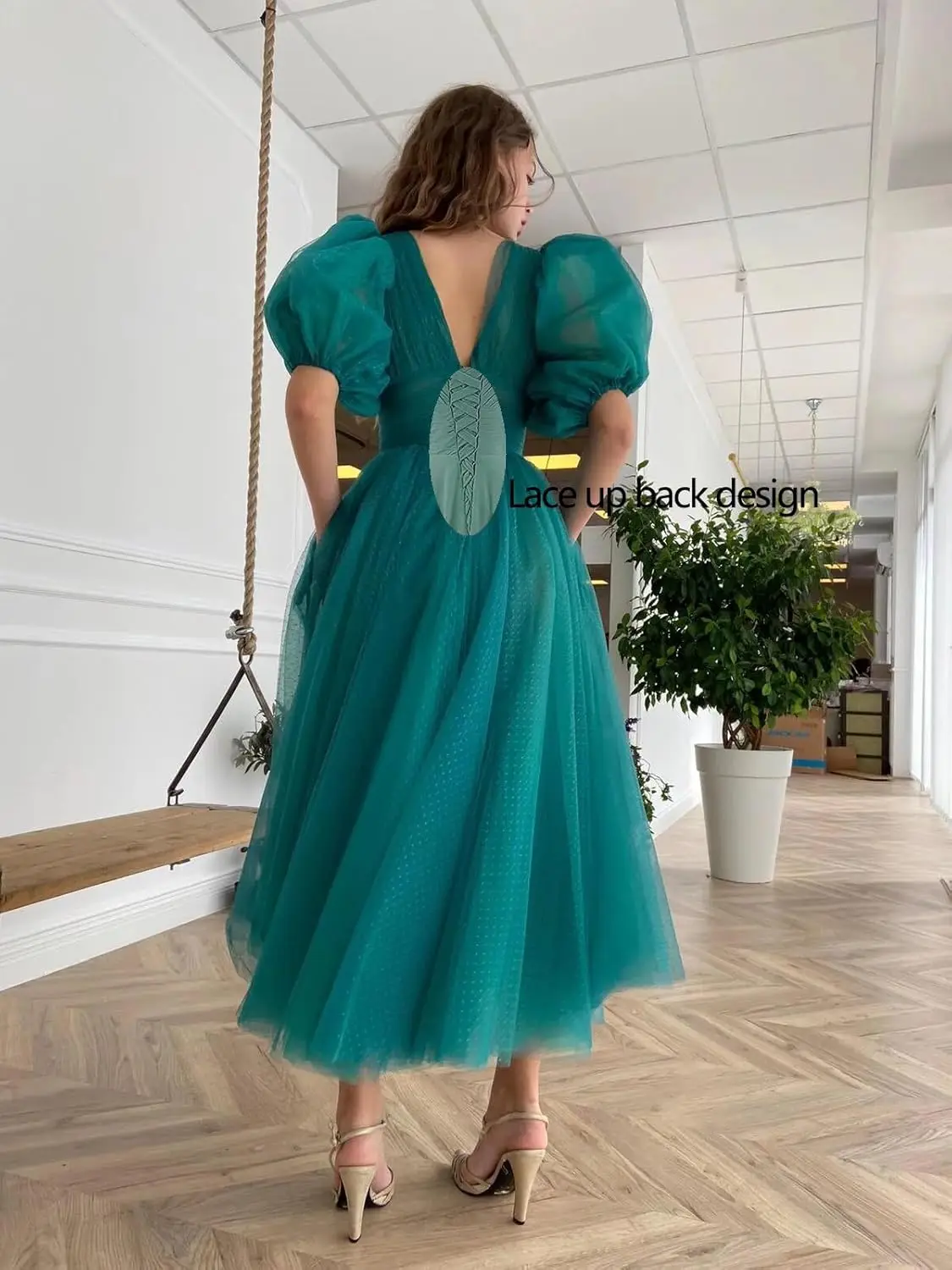 Puffy Sleeve Prom Dresses for Women Dotted Tulle V Neck Formal Evening Party Gowns Tea Length Formal Dress Women Elegant