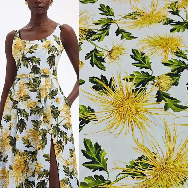 Europe and America Yellow Chrysanthemum Printed Thin Cotton Sateen Fabric For Woman Dress Blouse DIY Cloth Sewing Material