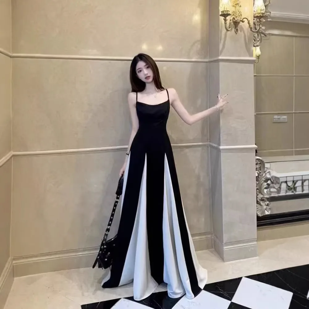 

Ladies Black White Color Block Spaghetti Strap Maxi Dress Sleeveless Waist Cinch Dress For Beach Vacation Evening Party