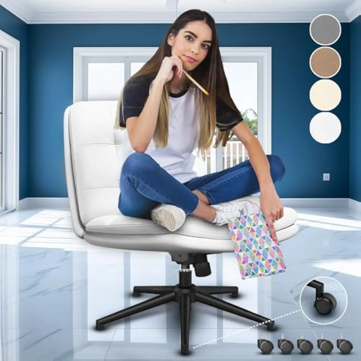 

Criss Cross Desk Chair for Cross Legged Sitting, Easy to Assemble White Criss Cross Desk Chair with Wheels - Premium Detachable Whee