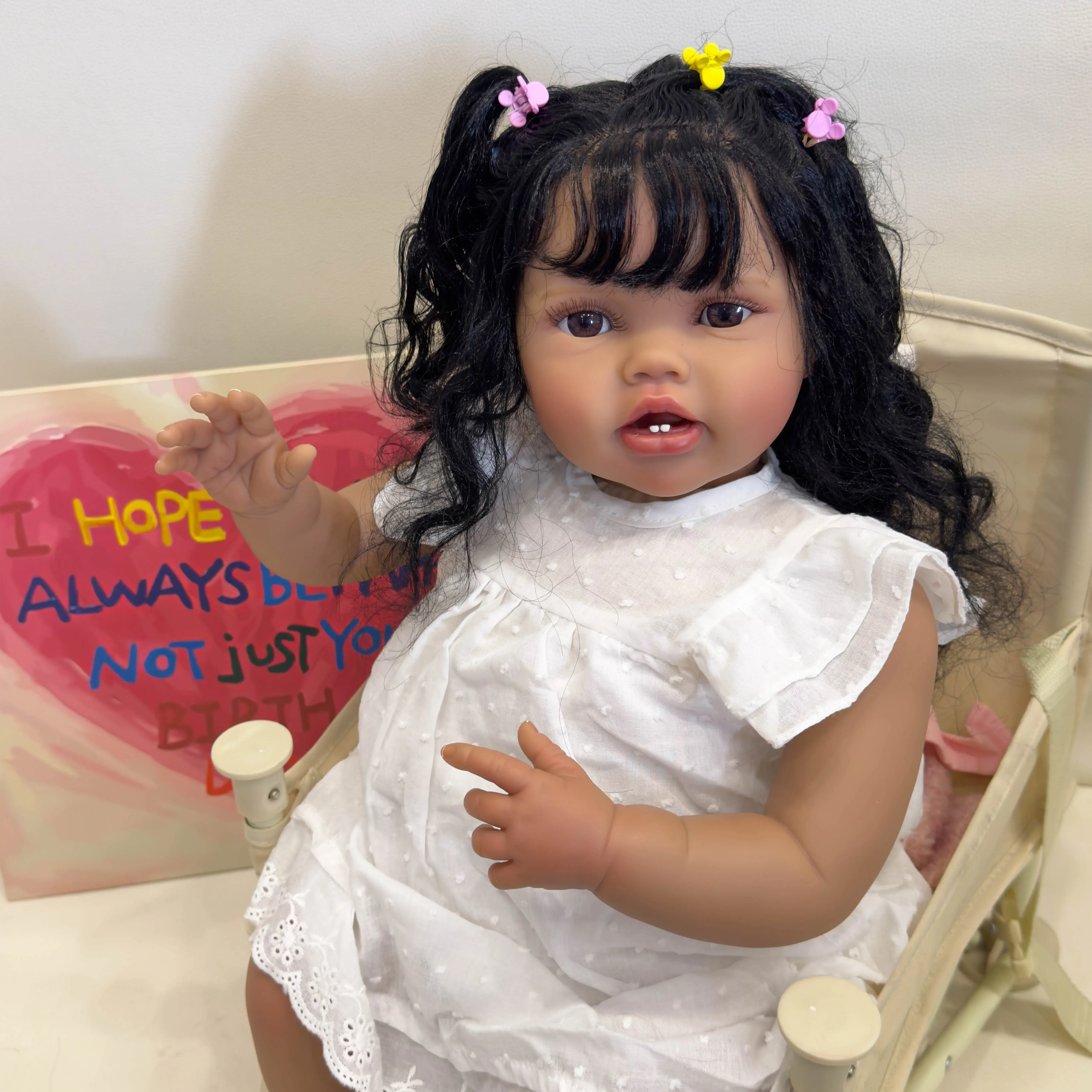 NPK 24Inch Dark Brown Skin Lottie Reborn Baby Toddler Newborn Doll Princess Girl lifelike Soft Touch 3D Skin Art Doll