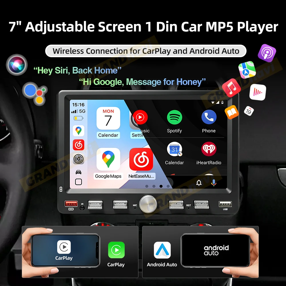 Einstellbarer Bildschirm 1Din MP5 Kabelloses Carplay Android Auto Autoradio FM EQ Mirror Link Universelles Auto-Audio-Multimedia-Player – Detail 7