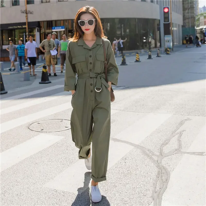 ฤดูใบไม้ผลิและฤดูใบไม้ร่วงใหม่Lapel Single-breastedหลวมเอวสูงJumpsuitผู้หญิงเอวSlimming Cargo Jumpsuit