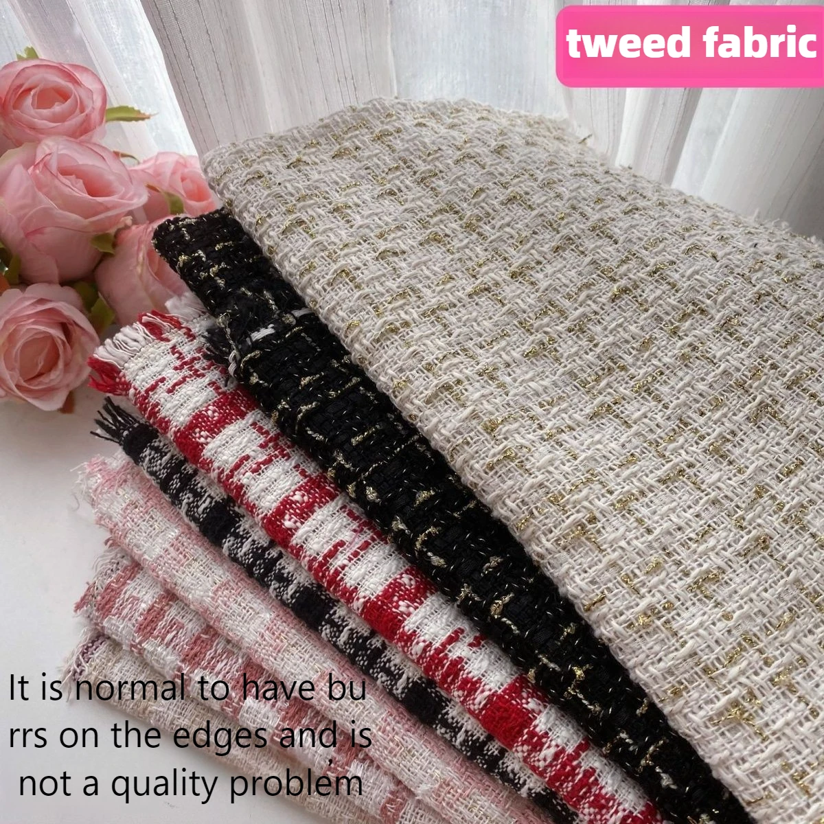 Tweed Fabric Plaid By The Meter for Clothes Coat Bags Bouquet Packaging Handmade Diy Sewing Cloth Gold Silver Wire White Black