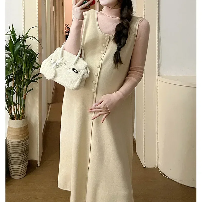 Vestido tipo chaleco de un solo pecho para mujer, moderno y moderno, para otoño e invierno, nuevo chaleco informal de punto holgado sin mangas con cuello en V