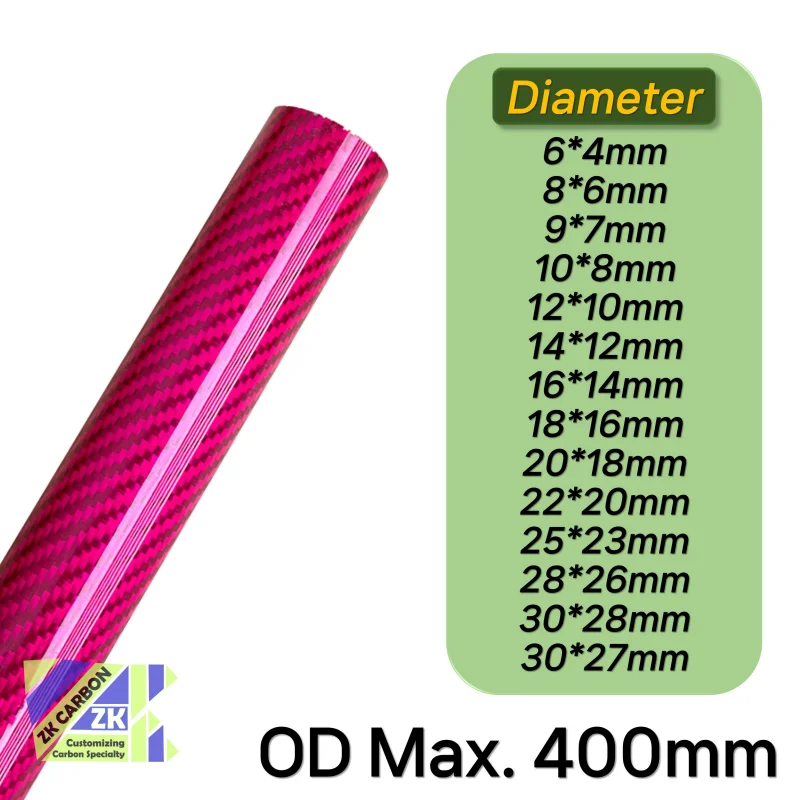 2pcs/lot 500mm Pink Colored Carbon Fiber Tube OD 5-30mm For RC Airplanes Parts Glossy Twill Carbon Tube 3K Material