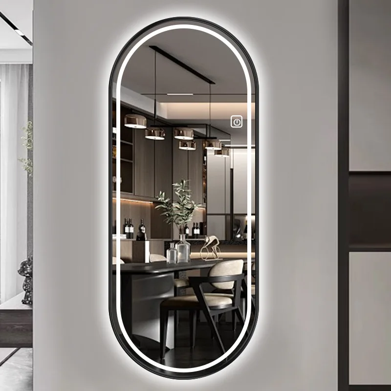 Specchio per tutto il corpo da 11,6 * 47 pollici Specchio per trucco con luce a LED intelligente Specchio lungo luminoso con struttura in metallo appeso alla parete