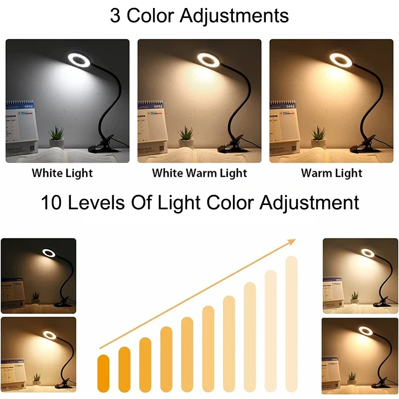 48 LED USB Book Light Clip Desk Lamp Reading Light With 3Color Mode 10 Brightness Dimmer 360° Flexible GooseneckBed Night Lamp
