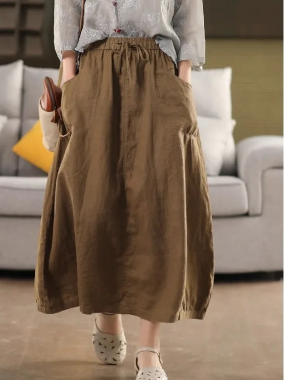

Retro Cotton Linen A-Line Skirt Women's Elastic Waist Slimming Midi Skirt Versatile Belted Long Skirt Ci Walk Summer 2025