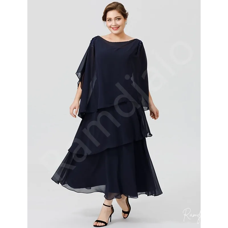 Customized Mother of the Bride Dresses for Weddings Covered Cape Dark Navy Blue Chiffon Ankle Length Layered Wedding Party Gown