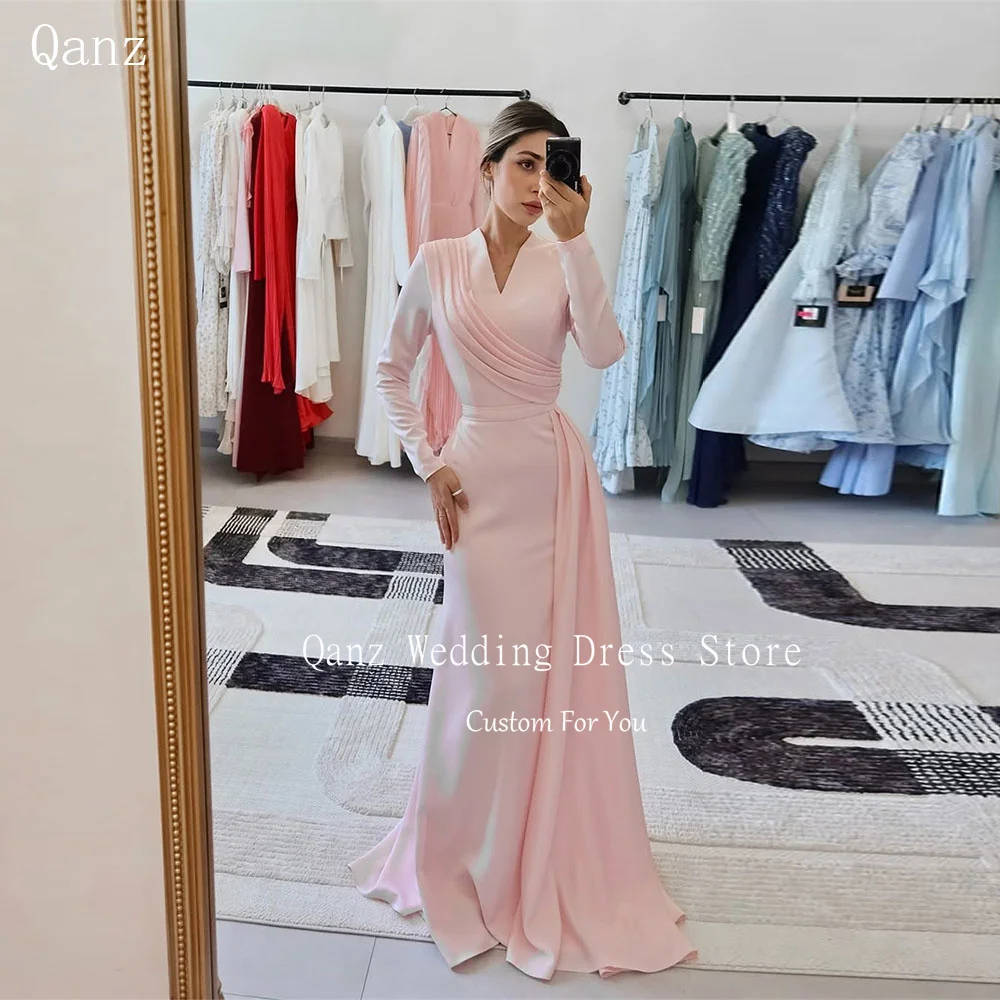 

Qanz Dubai Prom Dresses Long Sleeves Elegant Mermaid Evening Dress V Neck Pink Satin Dresses for Wedding Guests Customized