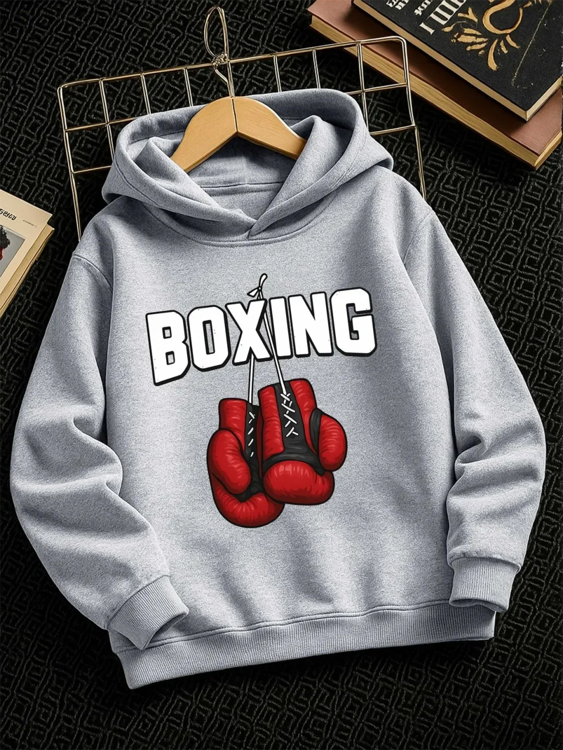Boxing Lover Kids Hoodie Red Hang Boxing Gloves Sport Theme Art Print Autumn Winter Fleece Warm Children Trendy Sweatshirt