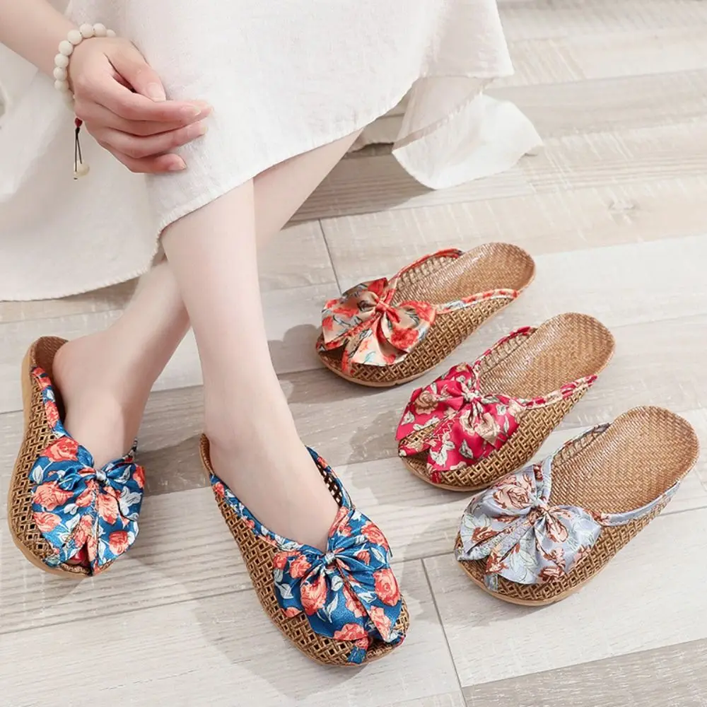 Sweat Absorption Sweet Bow Linen Slippers Hollow Out Peep-toe Closed-toe Sandals Beachwear Flat Slippers Women Indoor