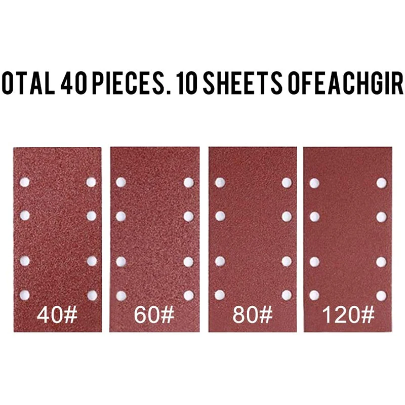 Juego de 40 hojas de lijado, almohadillas de papel de lija perforadas, 8 granos surtidos, tamaño 40/60/80/120 para lijadoras excéntricas