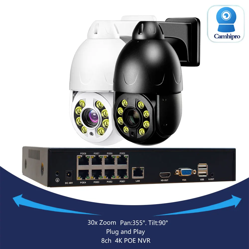 

4K 8MP PTZ-камера с 30-кратным зумом, PoE, 5MP, двусторонняя аудиосвязь, цветное и ИК ночное видение, комплект 8-канального PoE NVR, Plug and Play