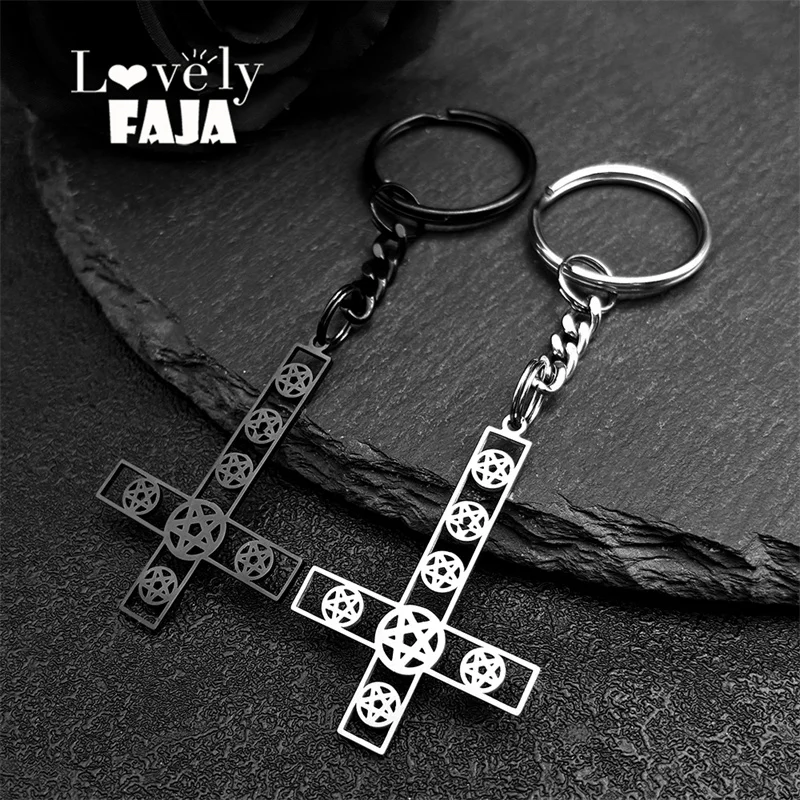 Inverted Jesus Cross Occult Pentagram Key Chain for Women Men Stainless Steel Gothic Satan Star of David Key Ring Jewelry