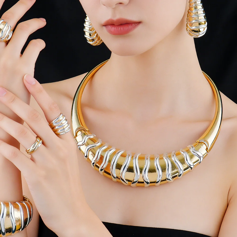 Vergoldetes Ohrringe- und Halsketten-Armband-Ringe-Set für Damen Italienischer Vintage Hochzeits- und Partyschmuck Geschenkset – Detail 14