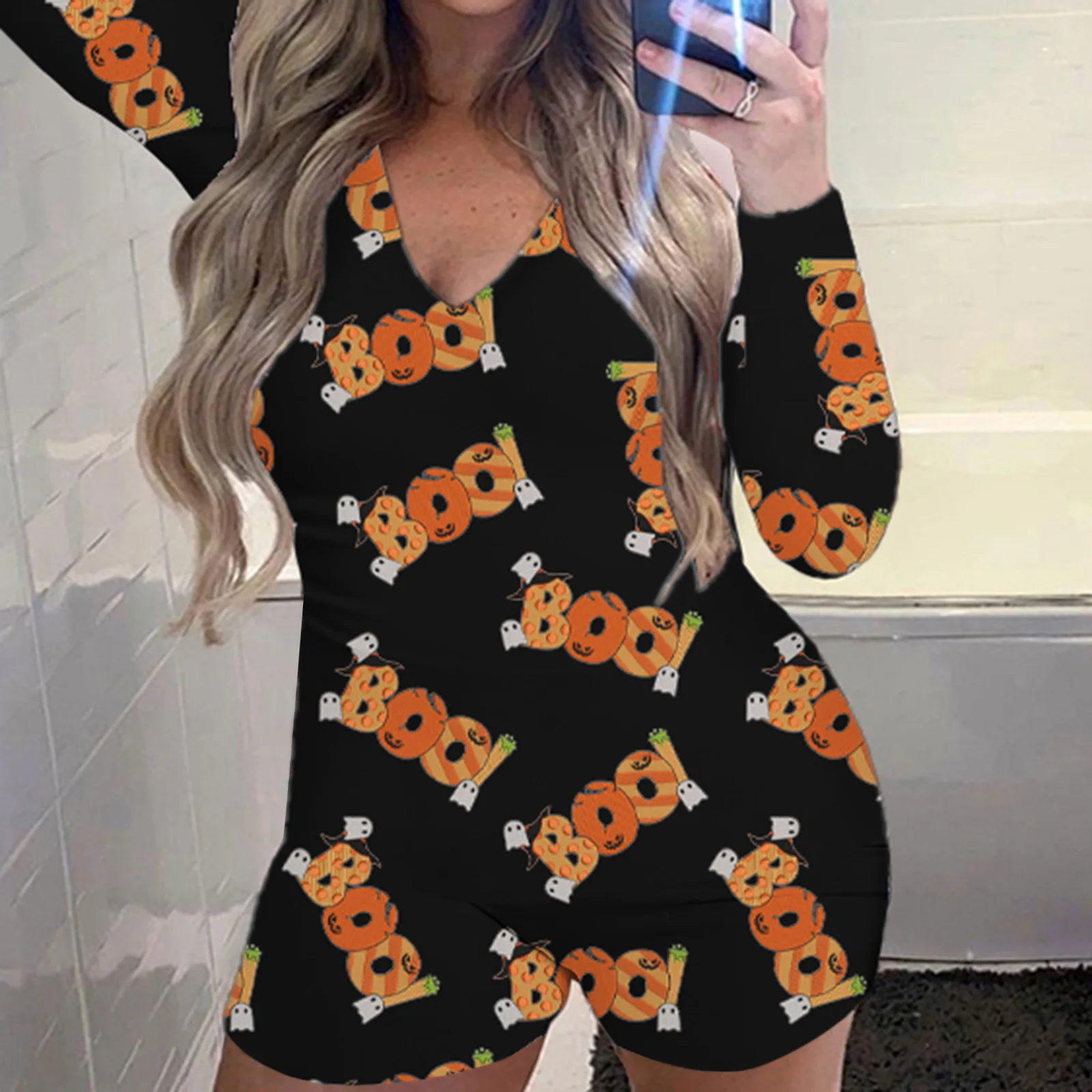 Women Halloween Jumpsuit, Long Sleeve V Neck Ghost Letters Grimace Print Slim Fit Bodysuit Loungewear Sleepwear